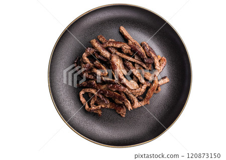 BBQ Fried beef tender strips, sliced steak in a plate isolated on white background BBQ Fried beef tender strips, sliced steak in a plate isolated on white background 120873150