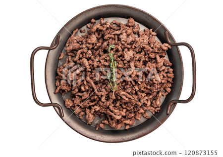Fried mince beef and pork meat, fresh cooked mincemeat isolated on white background Fried mince beef and pork meat, fresh cooked mincemeat isolated on white background 120873155