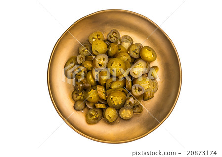 Pickled Jalapeno, Marinated Green Mexican pepper Slices isolated on white background Pickled Jalapeno, Marinated Green Mexican pepper Slices isolated on white background 120873174