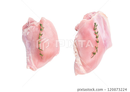 Raw chicken thighs fillet, Skinless boneless meat isolated on white background 120873224