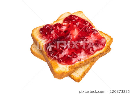 Toast with butter and raspberry jam isolated on white background. top view 120873225