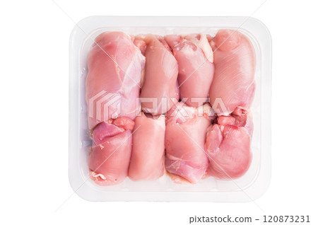 Raw Skinless boneless chicken thighs fillet isolated on white background Raw Skinless boneless chicken thighs fillet isolated on white background 120873231