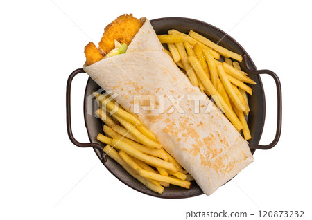 Seafood Wrap, Doner kebab with shrimps, prawns and salad isolated on white background Seafood Wrap, Doner kebab with shrimps, prawns and salad isolated on white background 120873232