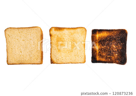 Set of slices of toasted bread, different colors, isolated on white background. top view Set of slices of toasted bread, different colors, isolated on white background. top view 120873236