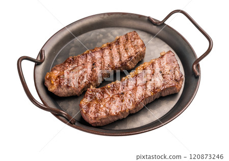 BBQ roast marbled beef Steak, beef meat on tray with herbs isolated on white background BBQ roast marbled beef Steak, beef meat on tray with herbs isolated on white background 120873246