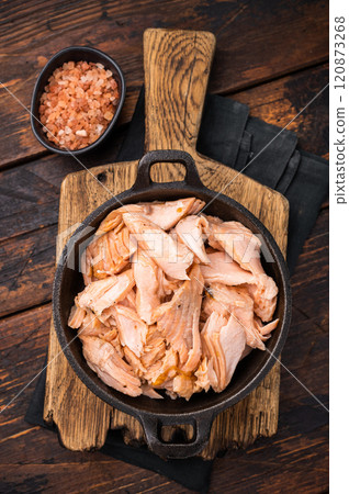 Cooked Roasted salmon fillet, Shredded fish meat in a skillet. wooden background. Top view Cooked Roasted salmon fillet, Shredded fish meat in a skillet. wooden background. Top view 120873268