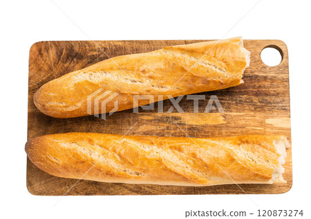 French bread baguette on wooden cutting board isolated on white background. top view 120873274