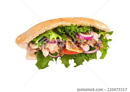 Gyros with grilled chicken meat, salad, tomato, onion, tzatziki in pita bread isolated on white background 120873317