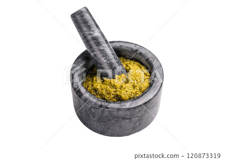 Iitalian spread sauce pesto with green basil in bowl isolated on white background 120873319
