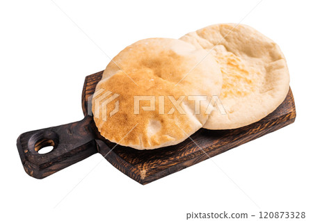 A stack of pita breads isolated on white background. top view A stack of pita breads isolated on white background. top view 120873328