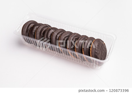 Jaffa cakes, Cookies covered with chocolate and filled with jam isolated on white background 120873396