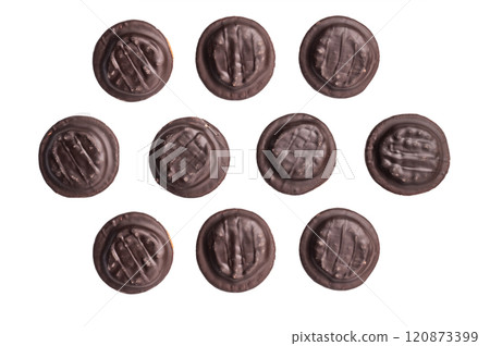 Jaffa cakes, Cookies covered with chocolate and filled with jam isolated on white background 120873399