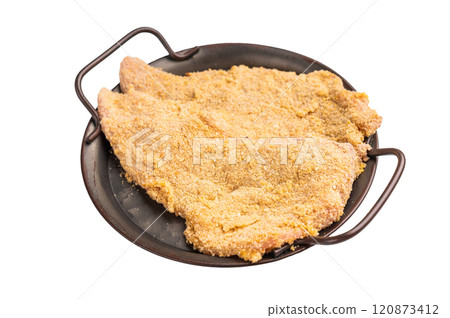 Ready for cooking Raw breaded Wiener Schnitzel steak isolated on white background 120873412