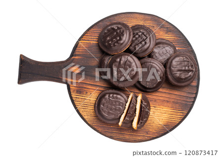Jaffa Cookies covered with chocolate and filled with jam isolated on white background Jaffa Cookies covered with chocolate and filled with jam isolated on white background 120873417