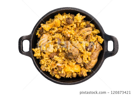 Pilaf with beef and lamb meat, vegetables in a skillet isolated on white background Pilaf with beef and lamb meat, vegetables in a skillet isolated on white background 120873421