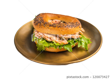 Bagel with cream cheese and smoked salmon, lox in a plate isolated on white background 120873427