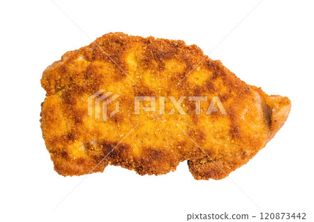 Breaded german weiner schnitzel steak, fried pork meat isolated on white background Breaded german weiner schnitzel steak, fried pork meat isolated on white background 120873442