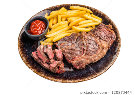 Roasted and sliced Chuck eye roll steak, prime beef meat on a plate with french fry isolated on white background 120873444
