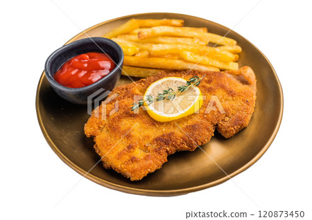 Weiner pork schnitzel steak, fried breaded fillet meat with french fry isolated on white background Weiner pork schnitzel steak, fried breaded fillet meat with french fry isolated on white background 120873450