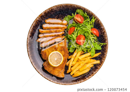 Fried Weiner schnitzel steak, pork breaded fillet meat with french fry and salad isolated on white background 120873454