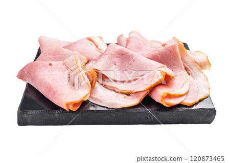 Thinly Sliced Pork Ham Prosciutto Cotto isolated on white background. top view 120873465