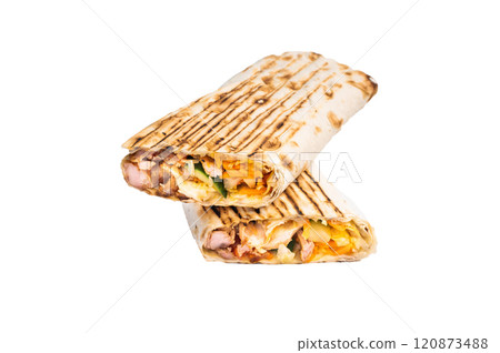 Traditional oriental shawarma, doner kebab with meat and salad isolated on white background 120873488