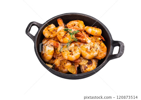 Fried Shrimps Prawns Sauteeing in Butter and Olive Oil isolated on white background. 120873514