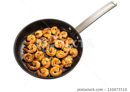 Grilled Jumbo Shrimps Prawns Sauteeing in Butter and Olive Oil isolated on white background. Grilled Jumbo Shrimps Prawns Sauteeing in Butter and Olive Oil isolated on white background. 120873519