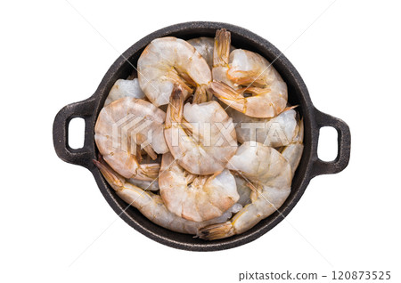Raw headless white shrimps prawns in a skillet isolated on white background. 120873525