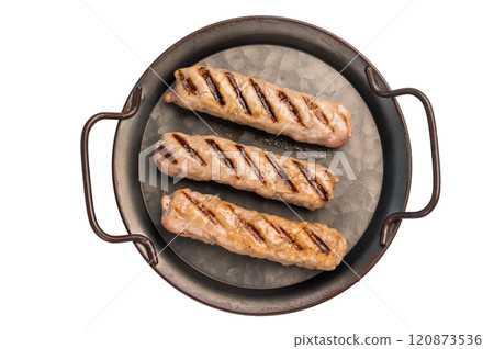 Grilled sausages with beef and pork meat isolated on white background Grilled sausages with beef and pork meat isolated on white background 120873536
