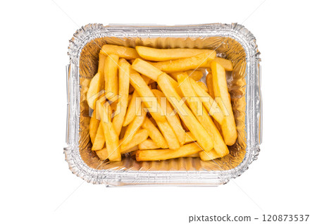 To Go container of crispy golden french fries isolated on white background To Go container of crispy golden french fries isolated on white background 120873537