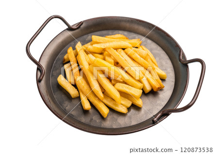 Homemade golden french fries in a tray isolated on white background Homemade golden french fries in a tray isolated on white background 120873538
