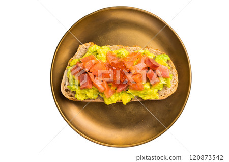 Bruschetta with salry salmon, trout slices, avocado and red caviar isolated on white background Bruschetta with salry salmon, trout slices, avocado and red caviar isolated on white background 120873542