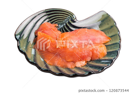 Slices of smoked salmon, trout isolated on white background. top view Slices of smoked salmon, trout isolated on white background. top view 120873544