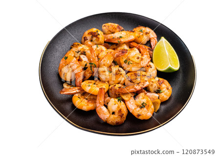 BBQ roasted Shrimps Prawns in a plate isolated on white background. BBQ roasted Shrimps Prawns in a plate isolated on white background. 120873549