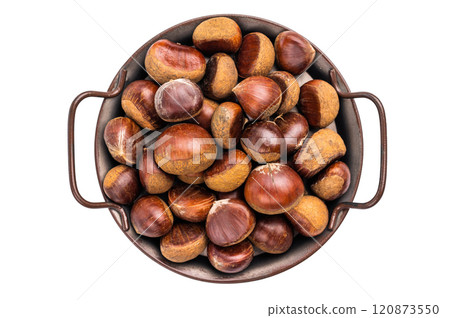 Heap of fresh chestnuts in kitchen tray ready for roasting isolated on white background Heap of fresh chestnuts in kitchen tray ready for roasting isolated on white background 120873550