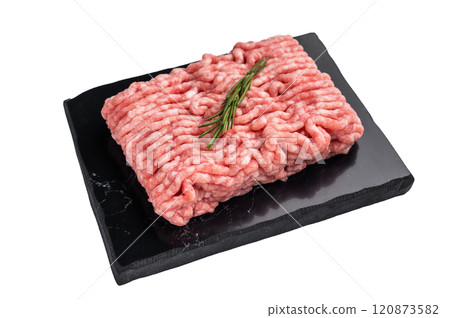 Raw ground pork meat, mincemeat isolated on white background. top view Raw ground pork meat, mincemeat isolated on white background. top view 120873582
