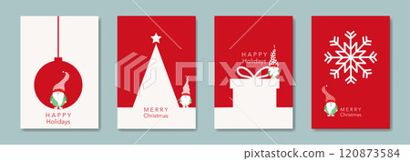 Set Christmas card in modern minimalist geometric style and Scandinavian nordic gnome, elf. Elements for calendar, greetings cards or Happy New Year themed winter holiday invitations background 120873584