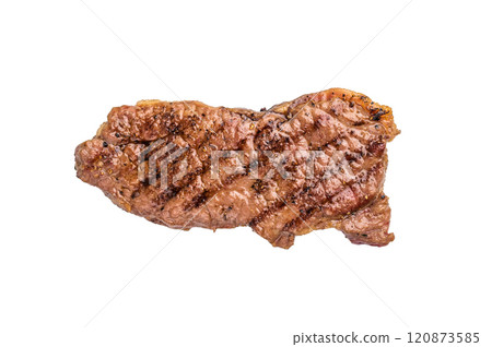 Grilled Striploin New York steak, prime roast beef meat isolated on white background Grilled Striploin New York steak, prime roast beef meat isolated on white background 120873585