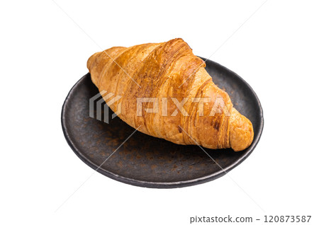 Freshly baked French croissant isolated on white background, top view. Freshly baked French croissant isolated on white background, top view. 120873587