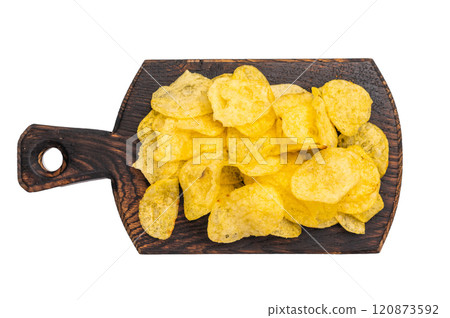 Crispy Potato salty chips on wooden board isolated on white background Crispy Potato salty chips on wooden board isolated on white background 120873592