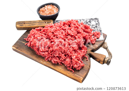 Chopped ground beef raw meat, mince on a cutting board, isolated on white background. Chopped ground beef raw meat, mince on a cutting board, isolated on white background. 120873613