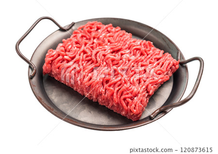 Fresh Raw pork and beef ground mince meat, mincemeat in a plate isolated on white background. 120873615