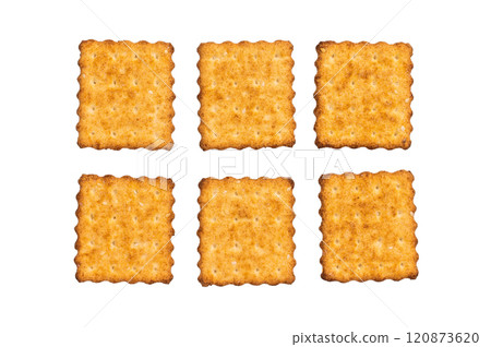 Wholemeal salt french crackers isolated on white background, top view. 120873620