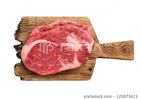 Raw Rib eye steak on wooden cutting board, dry aged prime beef meat isolated on white background 120873621
