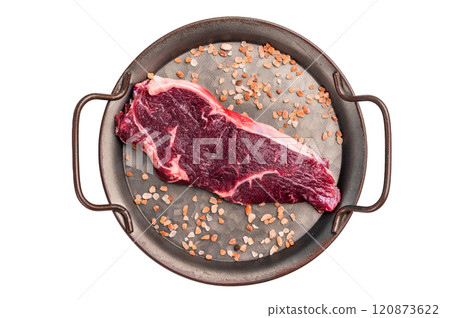 Fresh Raw New York Strip Steak, prime dry aged striplon beef meat isolated on white background 120873622
