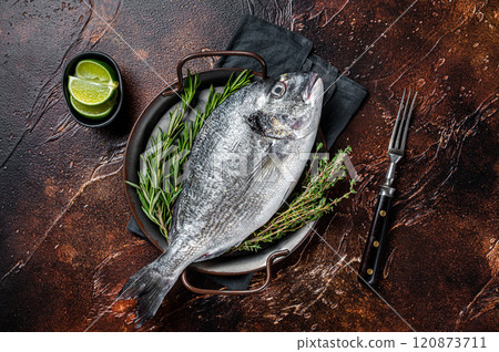 Uncooked Raw sea bream or dorado fish with herbs. Dark background. Top view Uncooked Raw sea bream or dorado fish with herbs. Dark background. Top view 120873711
