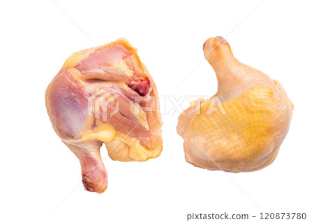 Two raw chicken thighs, sourced from an eco farm, sit on a white background, isolated on white background 120873780