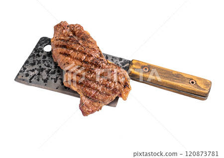 Grilled Striploin New York steak, prime roast beef meat isolated on white background 120873781