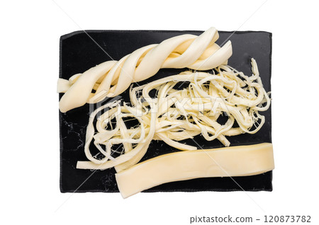 Assortiment of Traditional Caucasian Chechil white cheese isolated on white background. 120873782